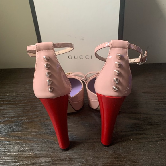 GUCCI Patent Crystal GG Bow Sadie Spike Ankle Strap d'Orsay Platform High Heel P - Picture 7 of 14